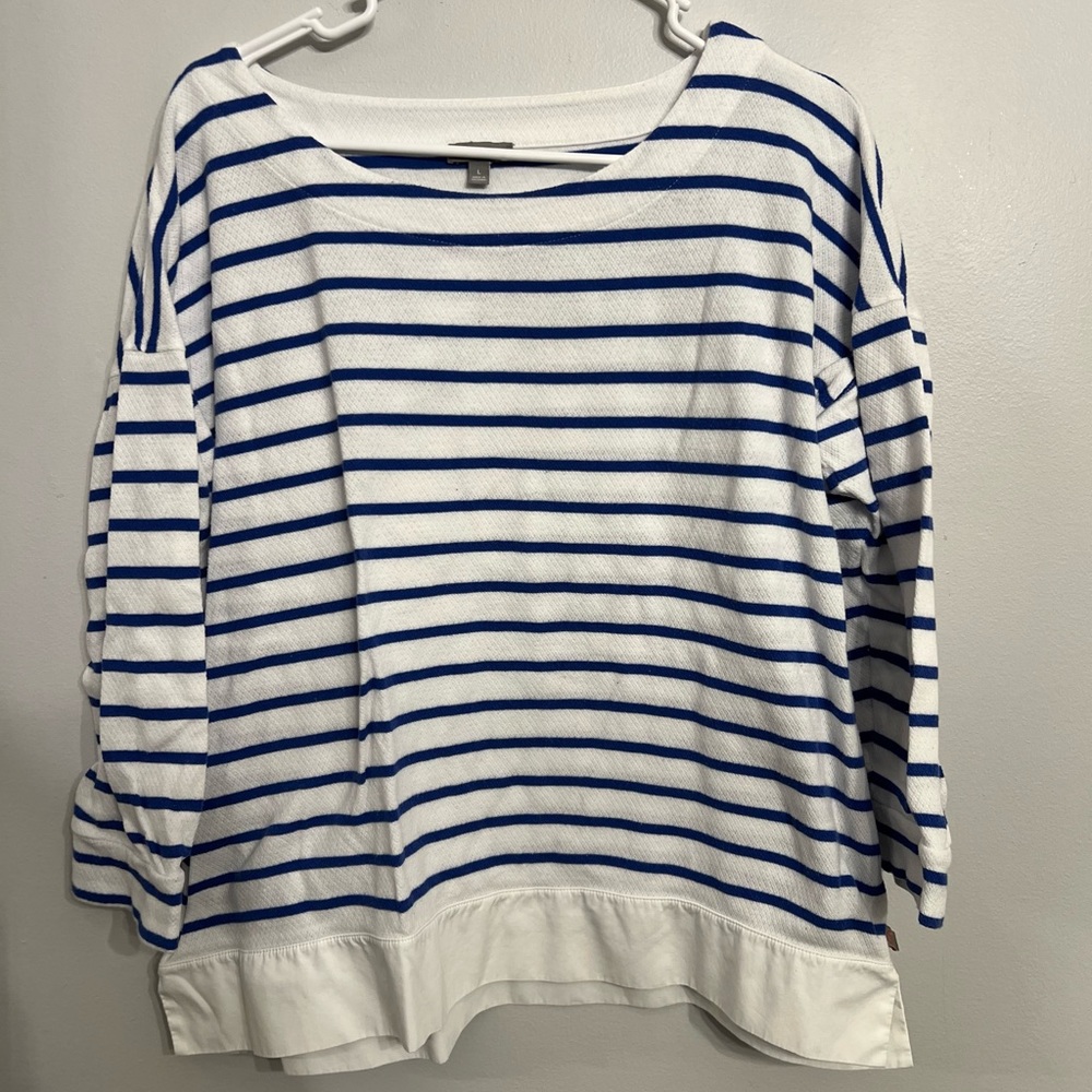 T by Talbots Textured 3/4‎ Sleeve White & Blue Stripe Knit Cotton Size Large